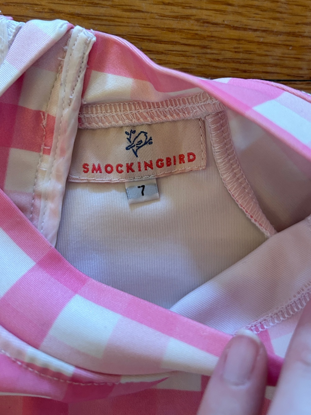 Girls Pink Gingham Long-Sleeve Rashguard One-Piece with Ruffle - Picture 3 of 5